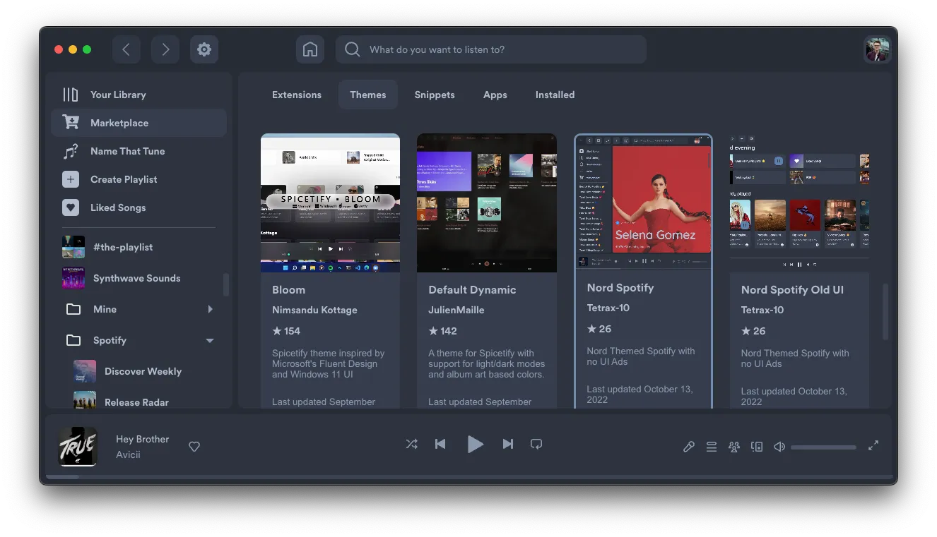 Spotify with Nord theme showing the Marketplace themes browser